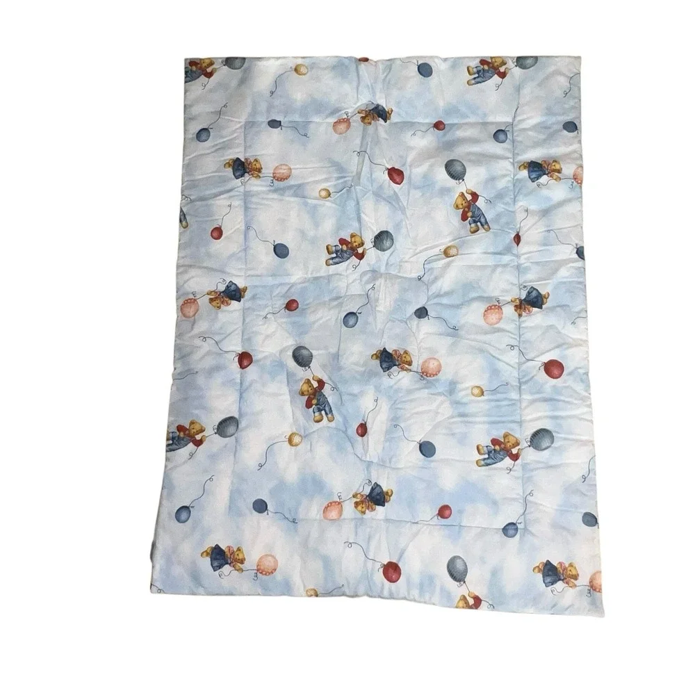 Vtg Blue Jean Teddy Bear Blanket Quilt Hot Air Balloon Baby Nursery Wall 41 X 30